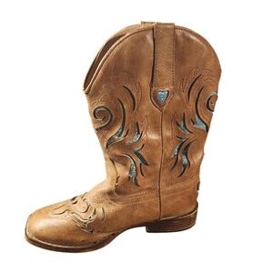 Roper Boots Girls Size 3 Brown Western Cowboy Square Toe Blue Glitter Inlay